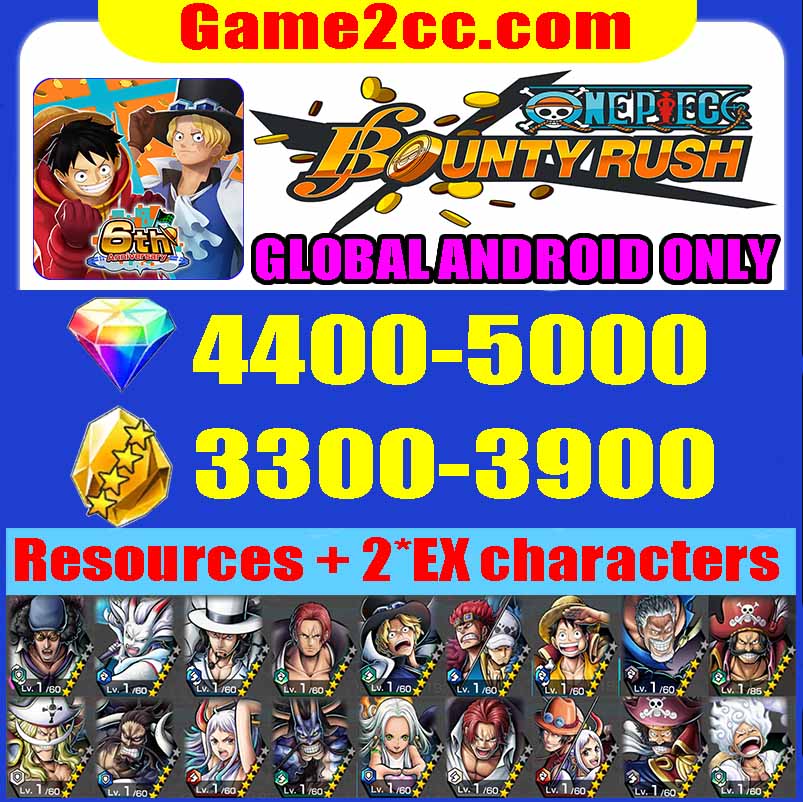 One Piece Bounty Rush 4400-5000 Diamonds+3300-3900Crystal Fragments+2*EX Starter Account /Garp/Kuzan/Rob Lucci/Yamato/Shanks/S-snake/Roger/Kaido/Edward Newgate/Luffy/Zoro GLOBAL Android Only