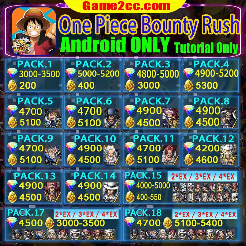 One Piece Bounty Rush 2000-5500+Diamonds GLOBAL Android Only Sabo/Garp/Kuzan/Shanks/S-SNAKE/Roger/KAIDO/Rob Lucci/Edward Newgate/Luffy