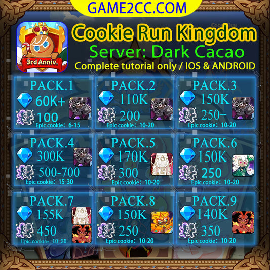 Cookie Run Kingdom 40K-250K Crystals Burning Spice/Mystic Flour/White Lily/Golden Cheese/Stormbringer/Crimson Coral/Moonlight/Frost Queen/Pitaya Dragon/Black Pearl Server: Dark Cacao