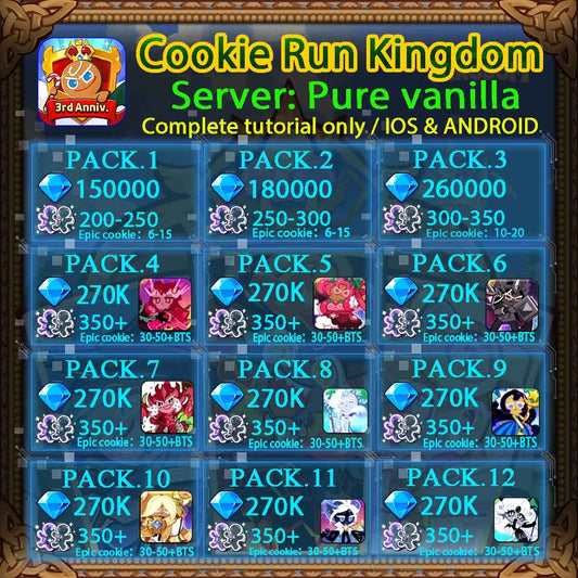 Cookie Run Kingdom 150K-240K Crystals White Lily/Golden Cheese/Stormbringer/Crimson Coral/Moonlight/Frost Queen/Pitaya Dragon/Black Pearl Server: Pure vanilla