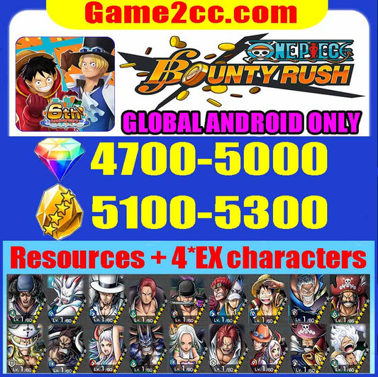 One Piece Bounty Rush 4700-5000 Diamonds+5100-5400Crystal Fragments+4*EX Starter Account /Garp/Kuzan/Rob Lucci/Yamato/Shanks/S-snake/Roger/Kaido/Edward Newgate/Luffy/Zoro GLOBAL Android Only