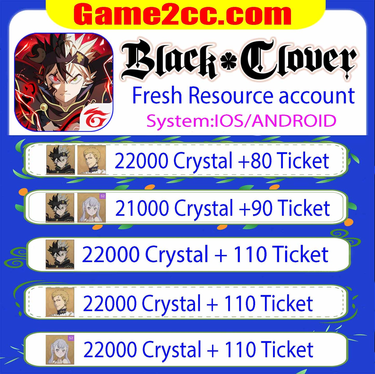 Black Clover M Resource Account [Black Crystals 5300-22000]+[Bond Summon Ticket 62-100+ ] Server:Global/America/asia/japan