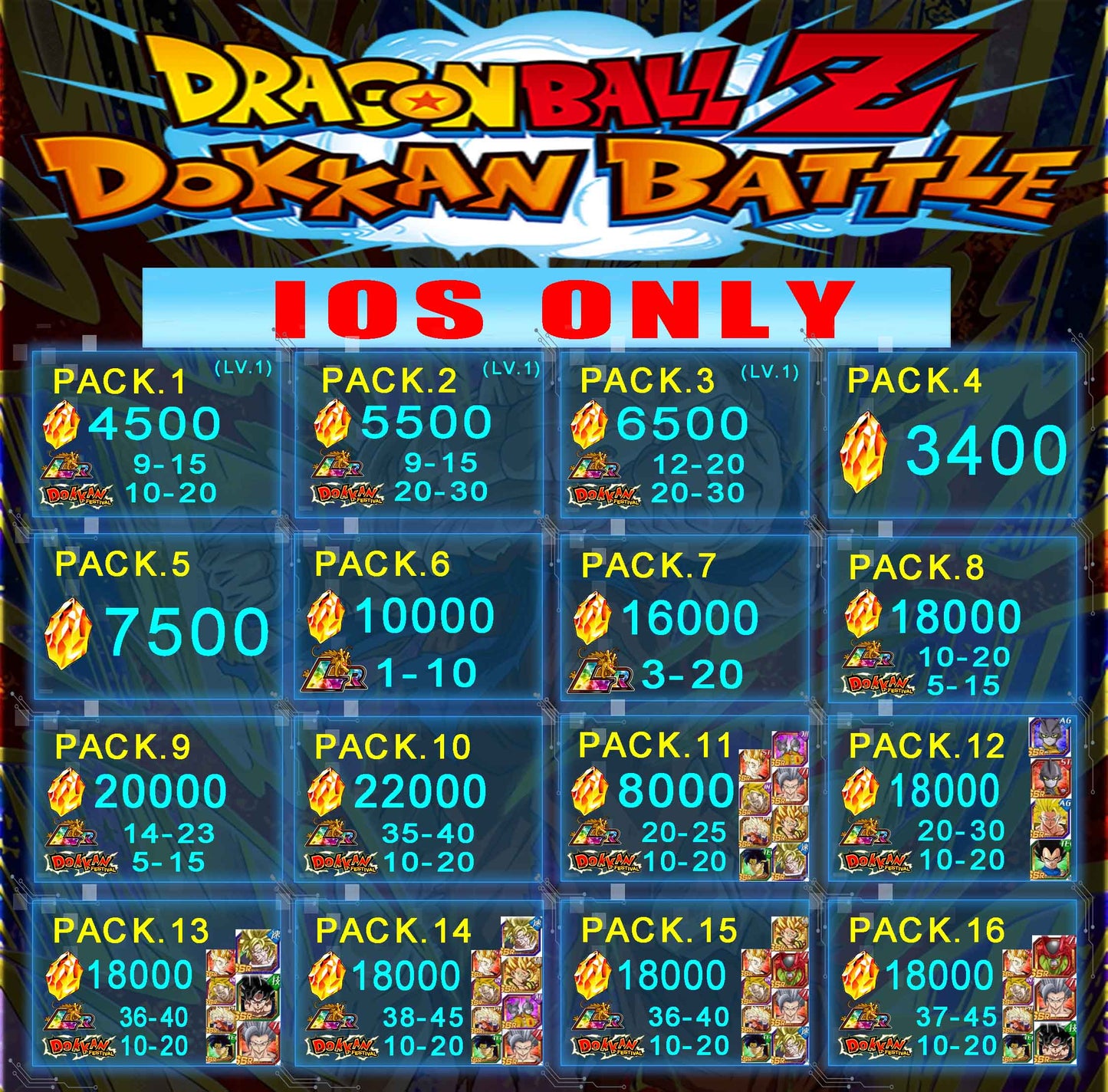 DRAGON BALL Z DOKKAN BATTLE 5000-22000 Dragon Stones LR1-40 IOS GLOBAL