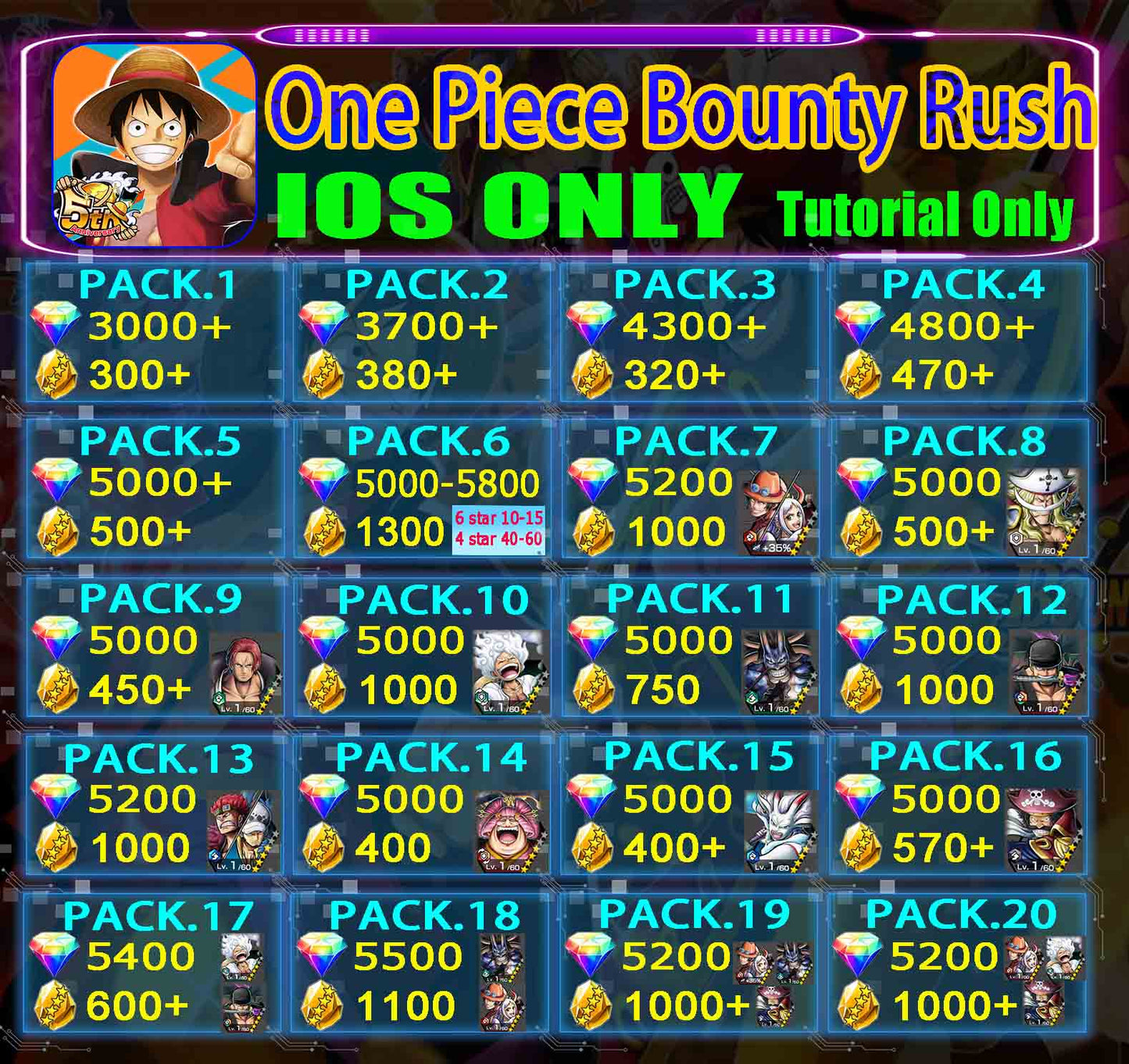 One Piece Bounty Rush Starter Account 1000-6000 Diamonds GLOBAL IOS Only