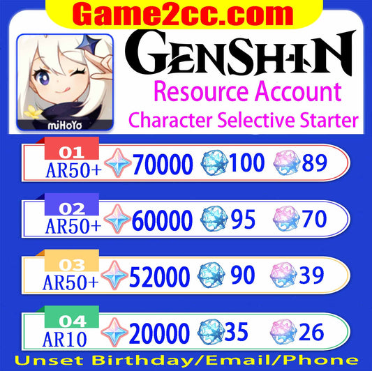 Genshin impact 17000-70000 primogems reroll Starter Account (No characters)
