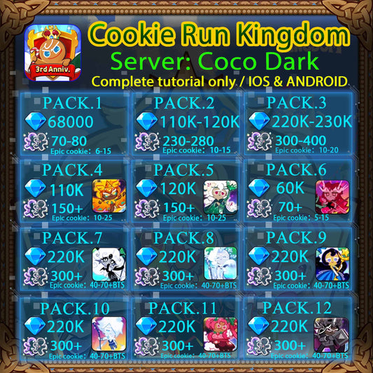 Cookie Run Kingdom 40K-250K Crystals White Lily/Golden Cheese/Stormbringer/Crimson Coral/Moonlight/Frost Queen/Pitaya Dragon/Black Pearl Server: Coco Dark