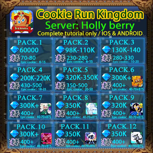 Cookie Run Kingdom 40K-320K Crystals White Lily/Golden Cheese/Stormbringer/Crimson Coral/Moonlight/Frost Queen/Pitaya Dragon/Black Pearl Server: Holly berry