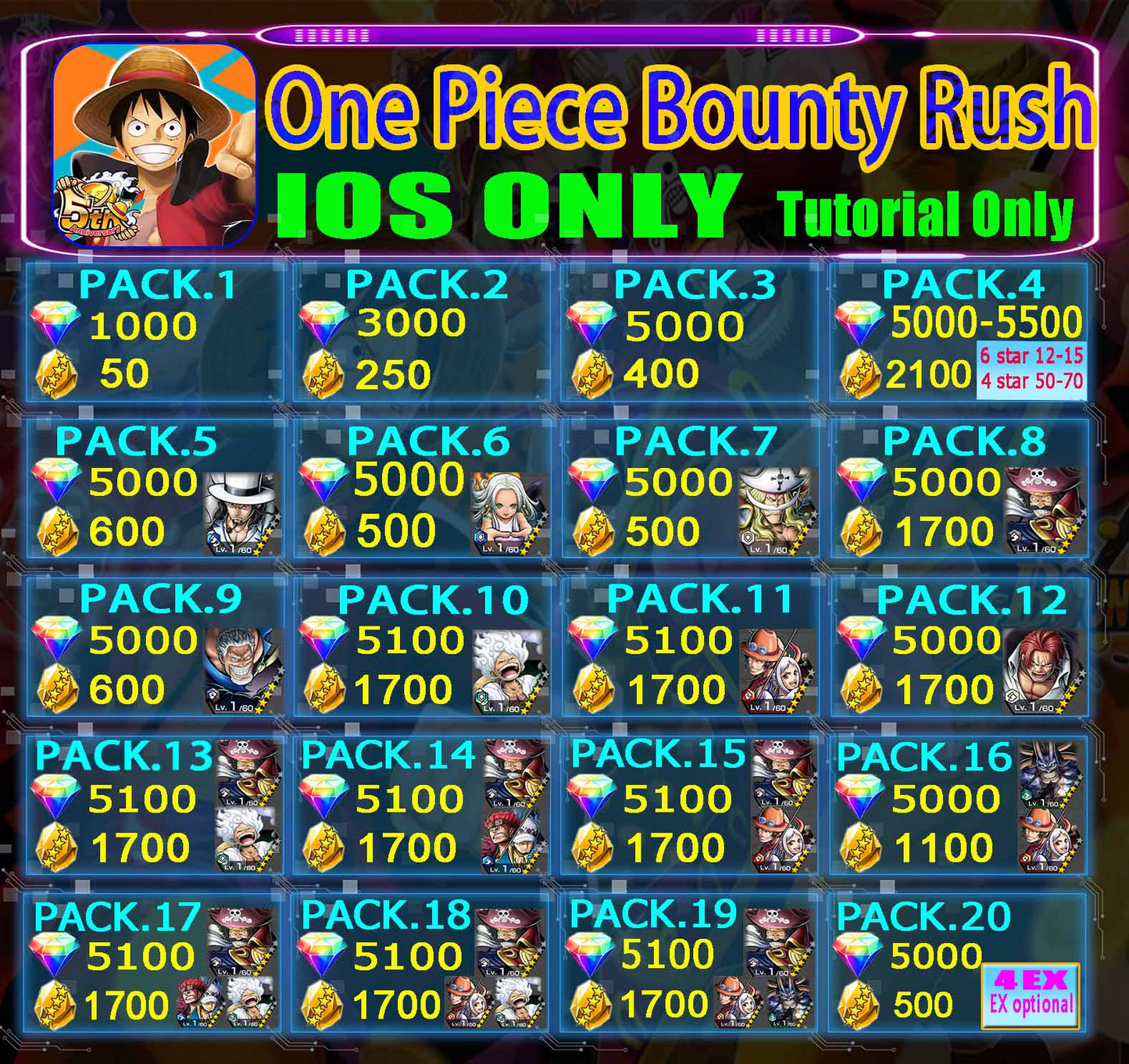 One Piece Bounty Rush Starter Account 1000-6000 Diamonds GLOBAL IOS Only