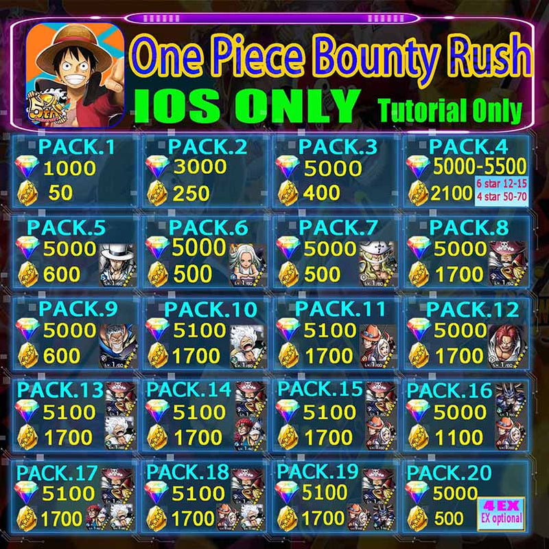 One Piece Bounty Rush Starter Account 1000-6000 Diamonds GLOBAL IOS Only