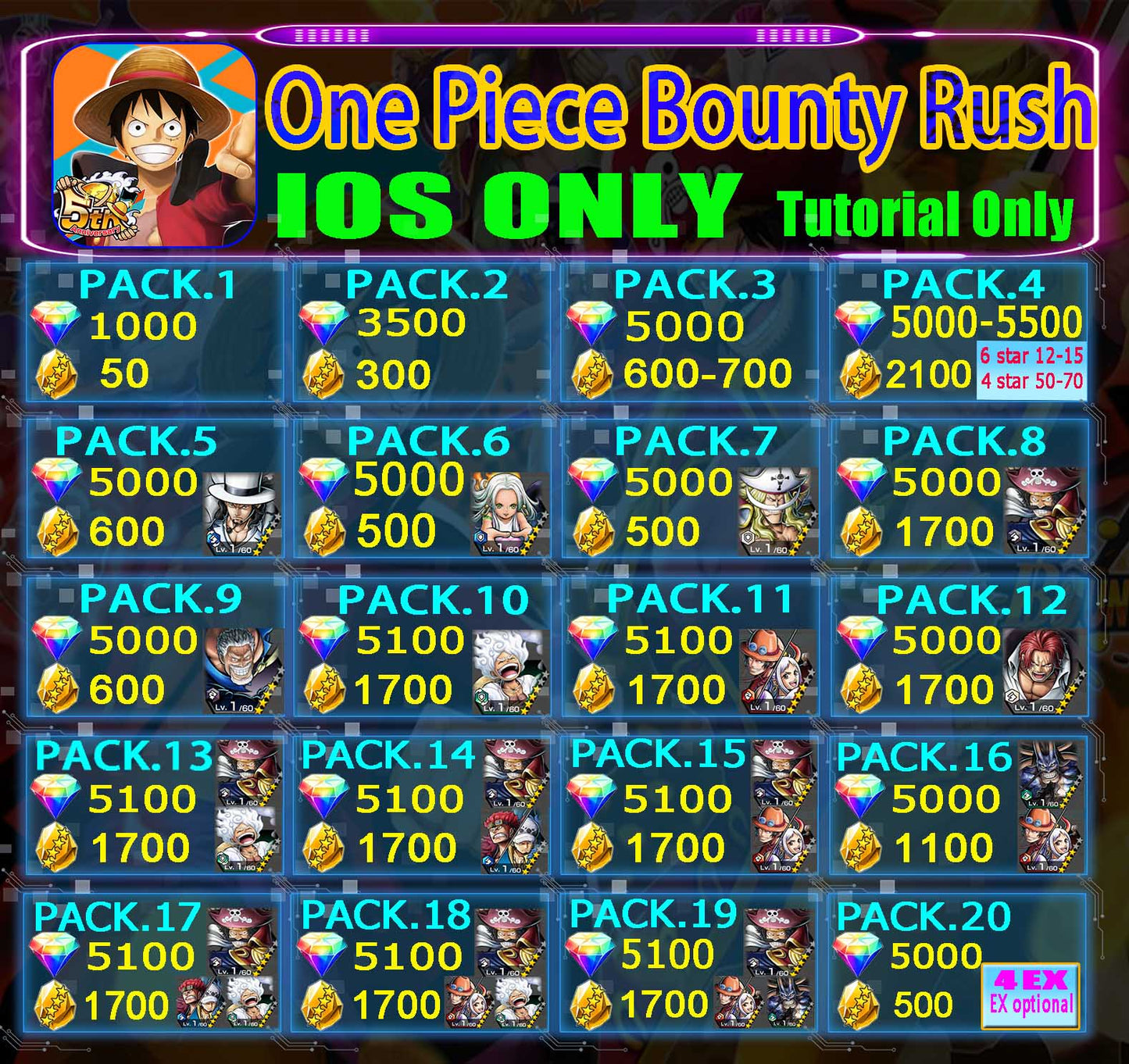 One Piece Bounty Rush Starter Account 1000-6000 Diamonds GLOBAL IOS Only